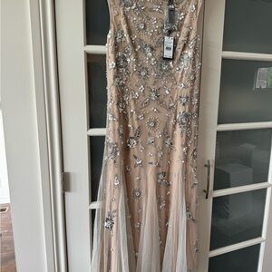 Adrianna Papell Beaded Midi Dress, Size 14, Nude with Silver Floral Beading